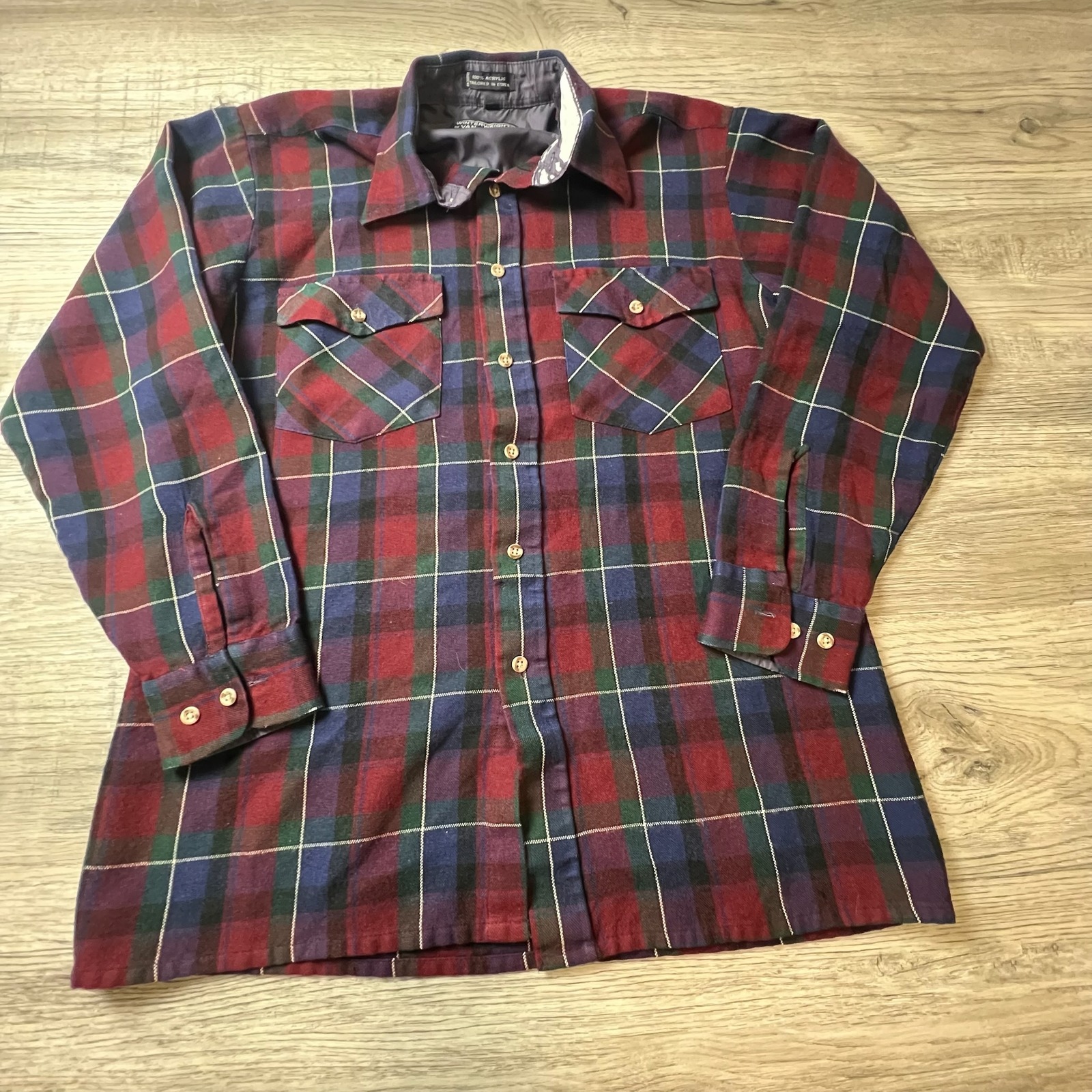 Van Heusen Winterweights Shirt Mens L Red Blue Plaid Acrylic Flannel Vintage N17